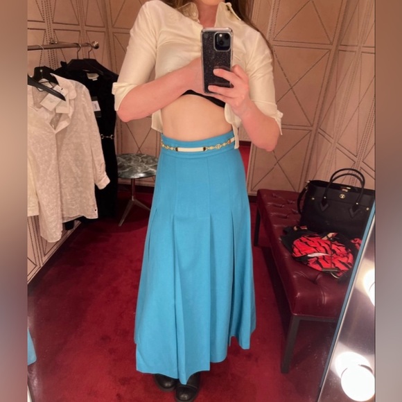 Gucci Turquoise Viscose Linen Pleated Midi Skirt with White Leather Gold GG Belt - Picture 2 of 11